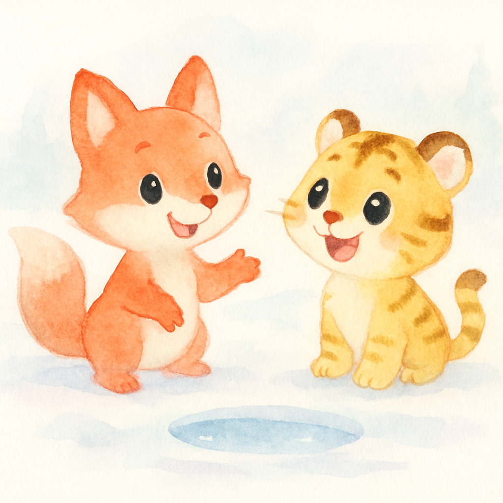 여우가 호랑이에게 꼬리 낚시 방법을 알려주며 웃고 있는 장면